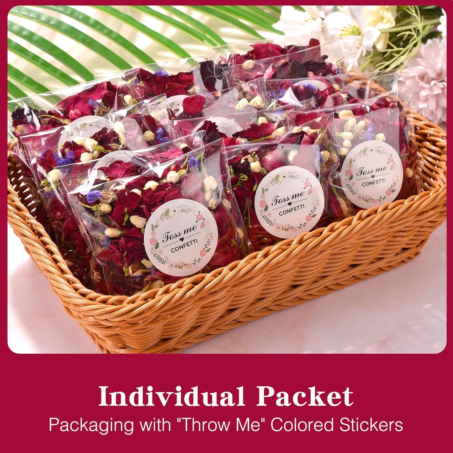 20 Pack Prefilled Confetti Packets,Biodegradable Flower Petals, Real Dried Flower Petals Individual Packing Rose Petals Wedding Send Off Ideas (Red Rose & Lavender & Lvory Jasmine Buds)