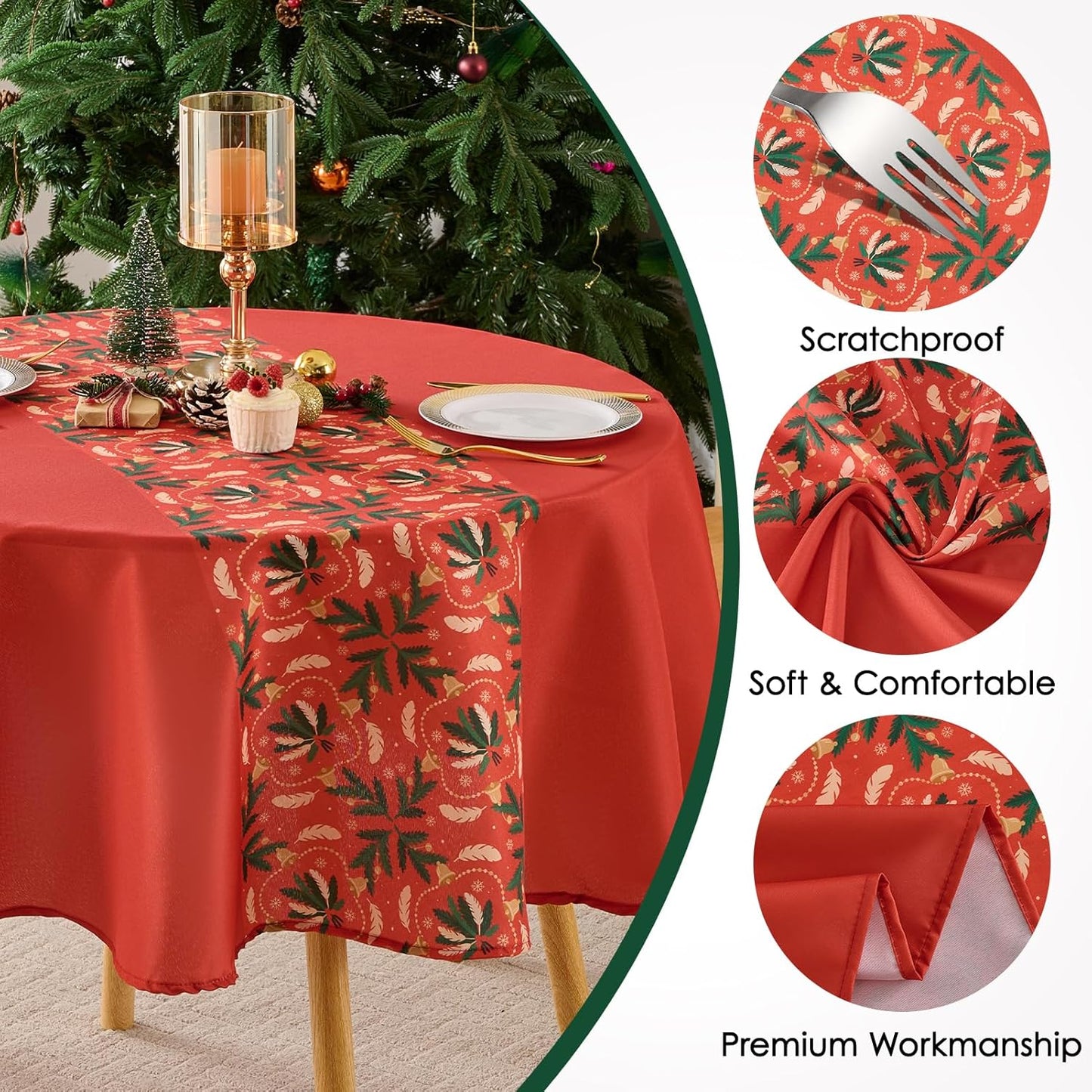 Christmas Tablecloth Round 60 Inch Waterproof, Machine Washable Checkered Polyester Table Cover for Xmas Party, Winter Holiday Home Decoration in Festive Red 1pack