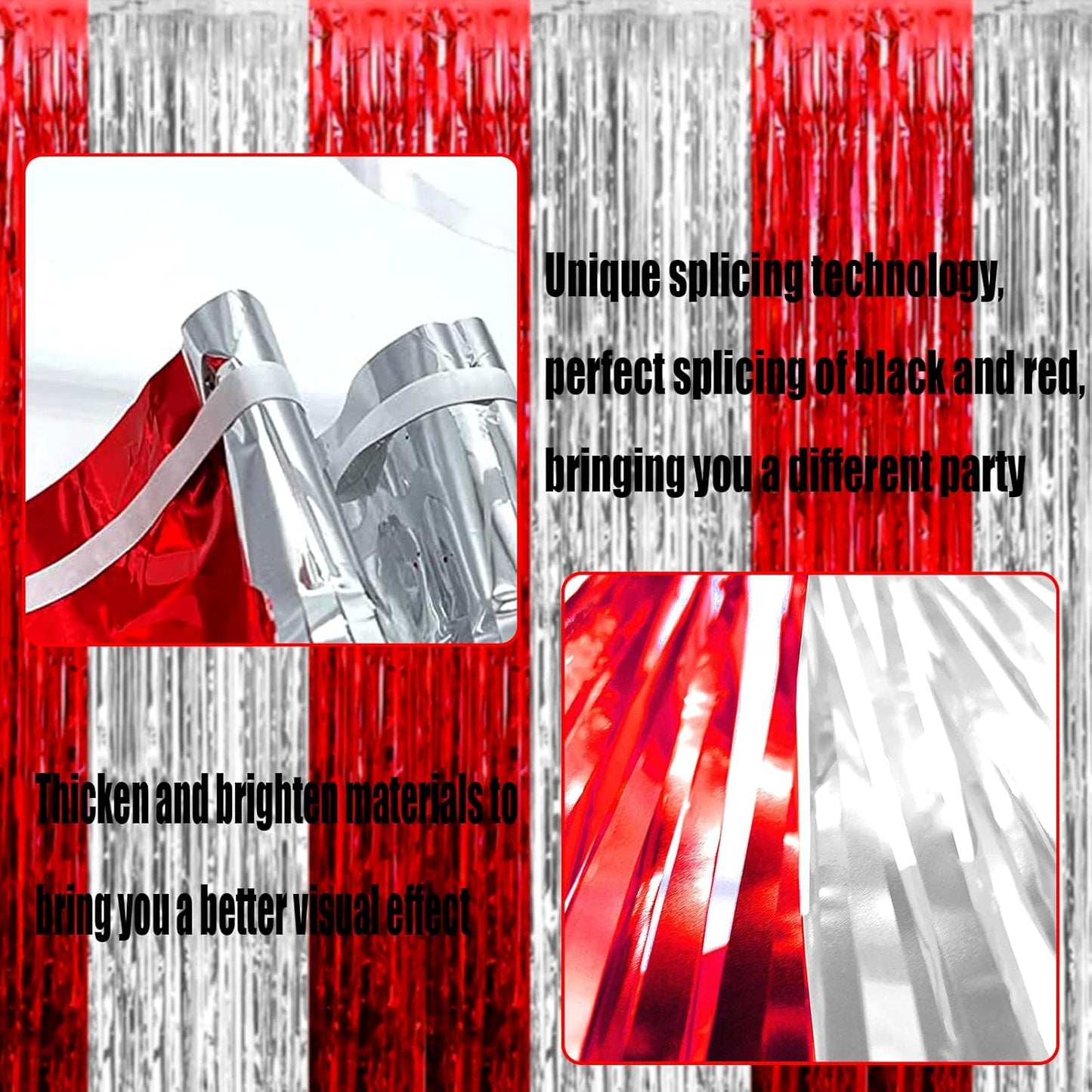 4 Pack Silver Red Foil Fringe Curtain Backdrop, 3.28Ft x 9.8Ft Metallic Tinsel Foil Fringe Streamers Curtains for Photo Booth, Wedding, Circus Welcome Carnival Birthday Party Decoration
