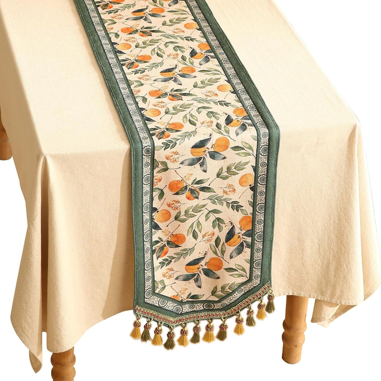 patdrea Designer Vintage Fresh Farmhouse Linen Table Runner 87 Inch Long, Green and Orange Pattern Table Mat, Decor for Kitchen Dining Table Coffee Table Shelf Cabinet Banquet Christmas ,12"*87"