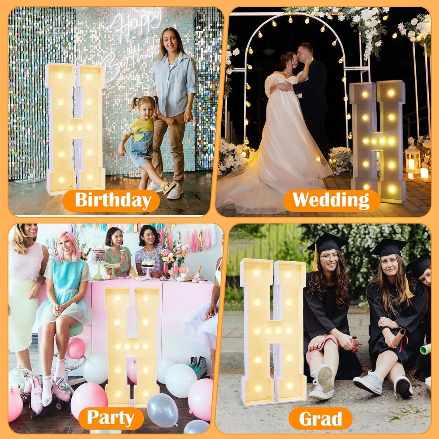4ft Marquee for Letters, Large Light up Letters, Multifunctional 4ft Light up Letters Marquee for Party Decorations, Letter Balloons, Wedding Decor, Proposal Decorations (Letters H)