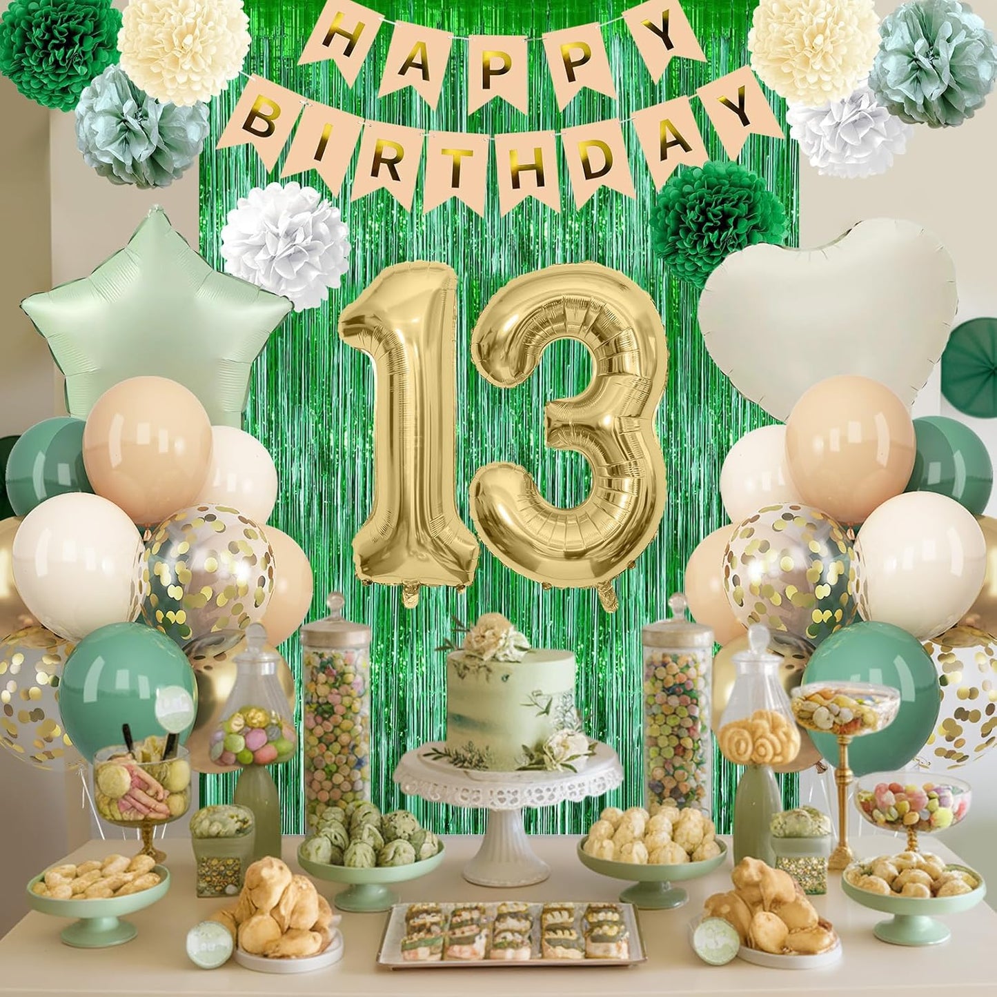 Sage Green 13th Birthday Decorations for Boys Girls Gold Number 13 Balloon Nude Gold Happy Birthday Banner Fringe Curtain Paper Pom Poms Olive Green Cream White Sand Star Foil Balloons Party Decor