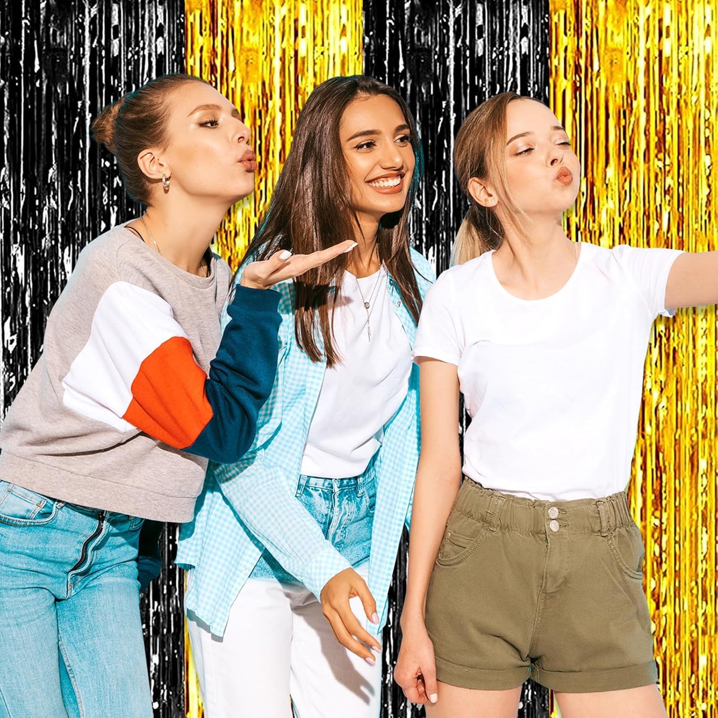 3 Pack Black Gold Foil Fringe Curtain Backdrop, 3.28Ft x 8.2Ft Metallic Tinsel Foil Fringe Streamer Curtains for Photo Booth, Christmas Day, Thanksgiving, Wedding, New Year Party Decorations