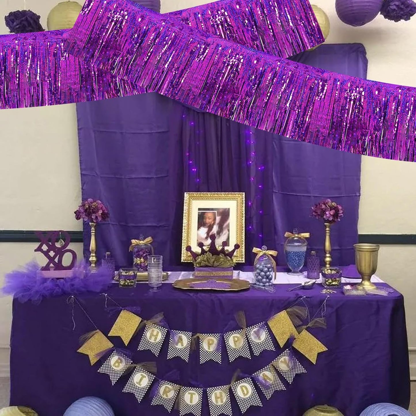 BEISHIDA 3 Packs Metallic Foil Fringe Garland Laser Purple Wall Hanging Tinsel Fringe Banners for Car Floats Bridal Shower Wedding Birthday Easter Graduation Holiday Party Decoration(30 Feet)