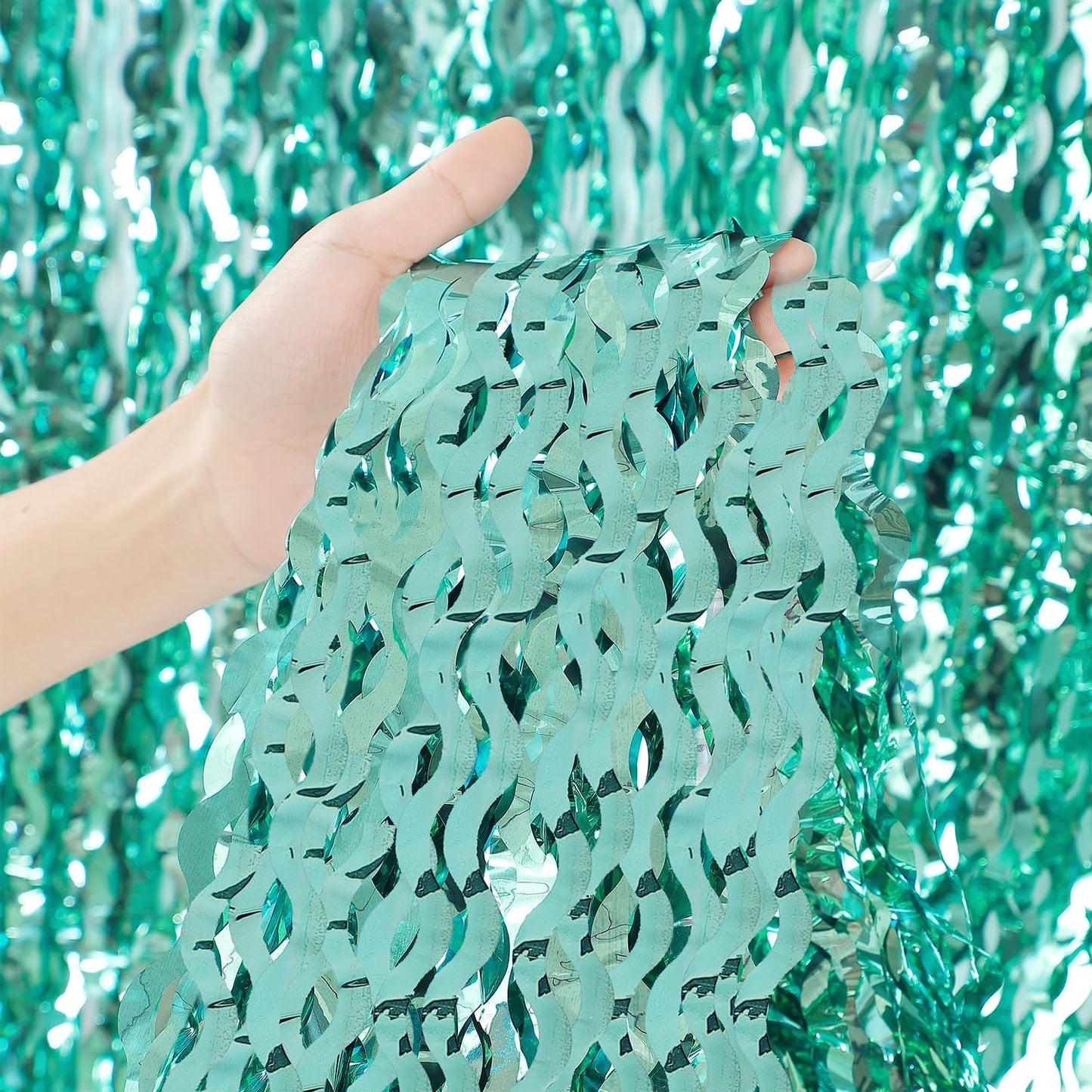 3 Pack Teal Aqua Blue Wave Foil Curtains - 3.3 ft x 6.6 ft Tinsel Metallic Streamers for Photo Booth Birthday Wedding Girl Princess Bachelorette Euphoria Theme Party Decorations