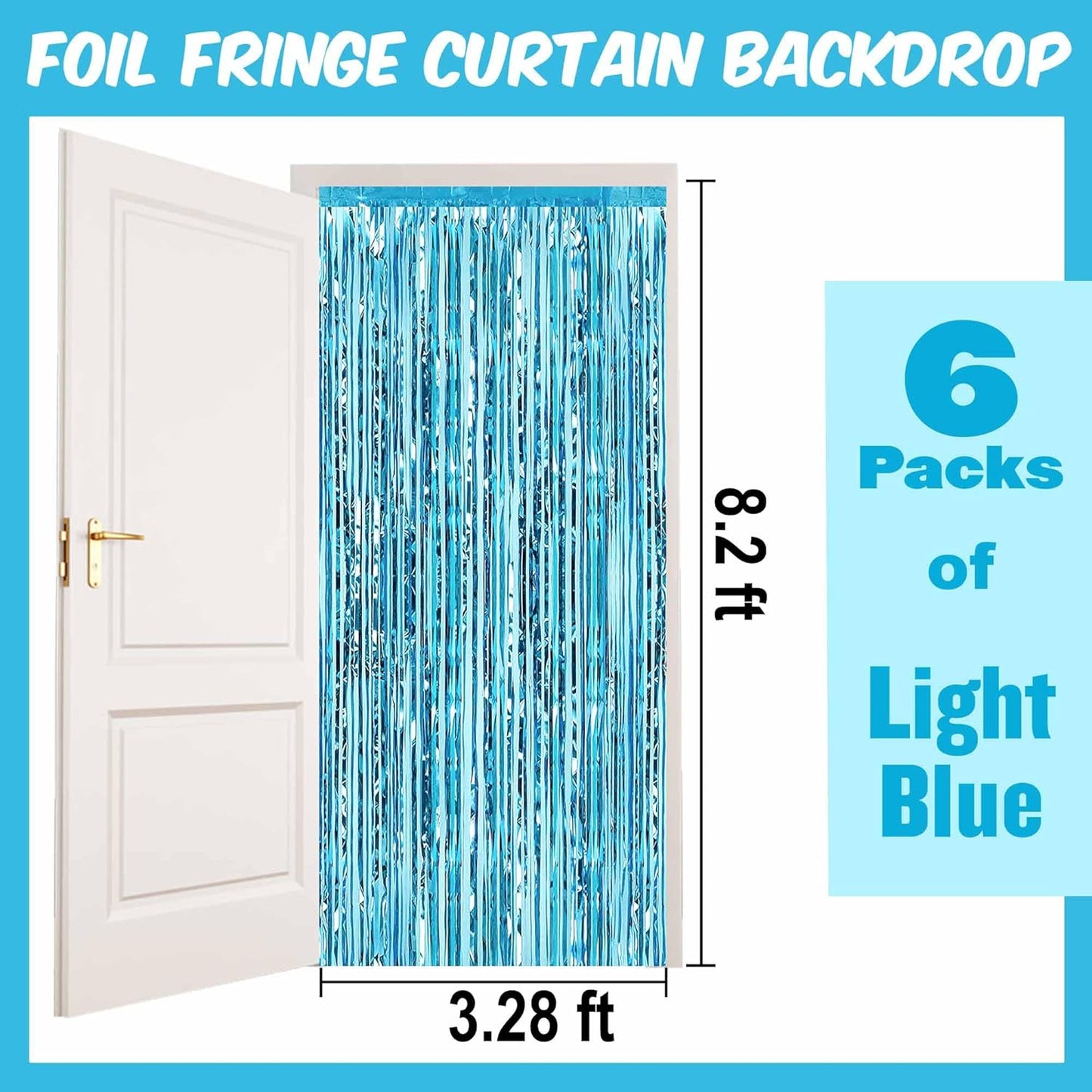 6 Pack Light Blue Foil Fringe Curtains Backdrop, 3.28 x 8.2 Ft Metallic Streamers Tinsel Curtains Background for Photo Booth, Birthday, Weddings, Carnivals, Graduation, Themed Party Decorations
