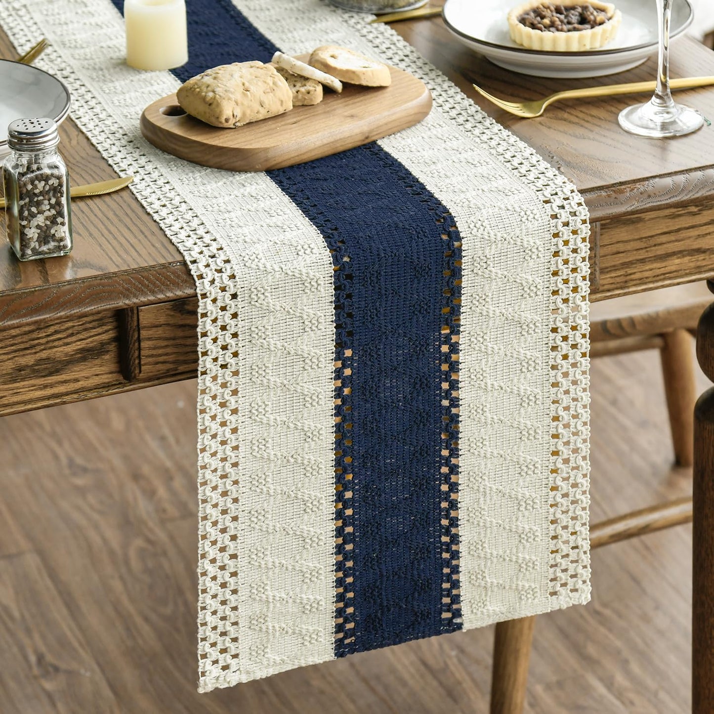 Artoid Mode Dark Blue Farmhouse Rustic Table Runner, Seasonal Holiday Hollow Kitchen Dining Table Decoration for Home Party Decor 12x90 Inch