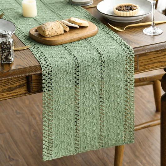 Artoid Mode Light Green Farmhouse Woven Rustic Hollow Table Runner, Seasonal Holiday Kitchen Dining Table Decoration for Home Party Decor 12x36 Inch