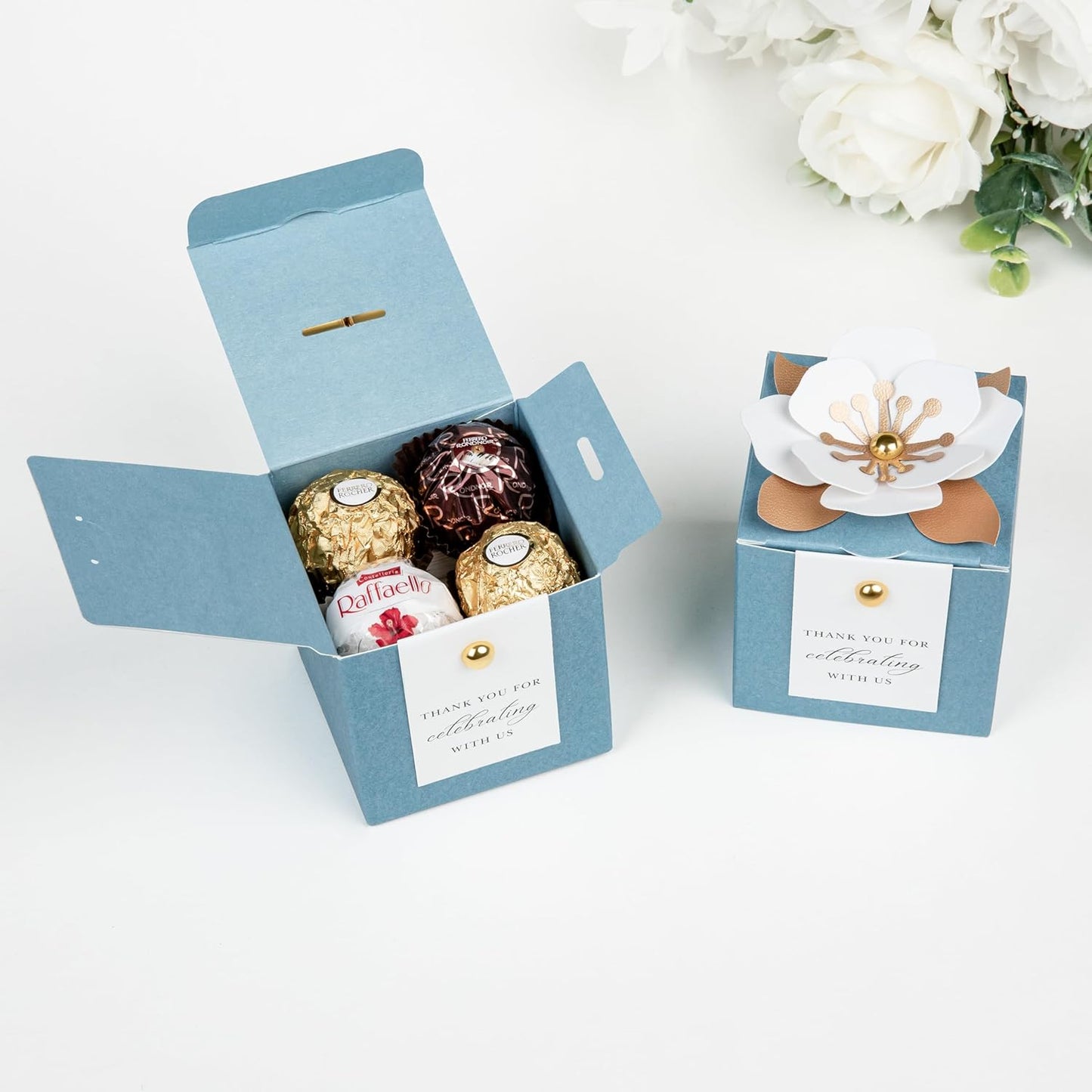 FEIYI 20 PCS Candy Boxes, 3 In 1 Dusty Blue Favor Boxes with Floral Decor, White Thank You Tags Gift wrapping for Wedding Birthday Baby Shower Decorations Party -2.55x2.55x2.55''