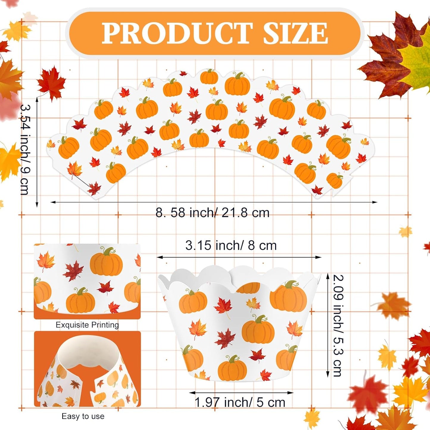 Domensi 100 Pcs Fall Pumpkin Maple Leaf Cupcake Wrappers Rustic Cupcake Liners Thanksgiving Baking Cups Baking Liners for Autumn Wedding Bridal Baby Shower Birthday Party Supplies Dessert Decoration