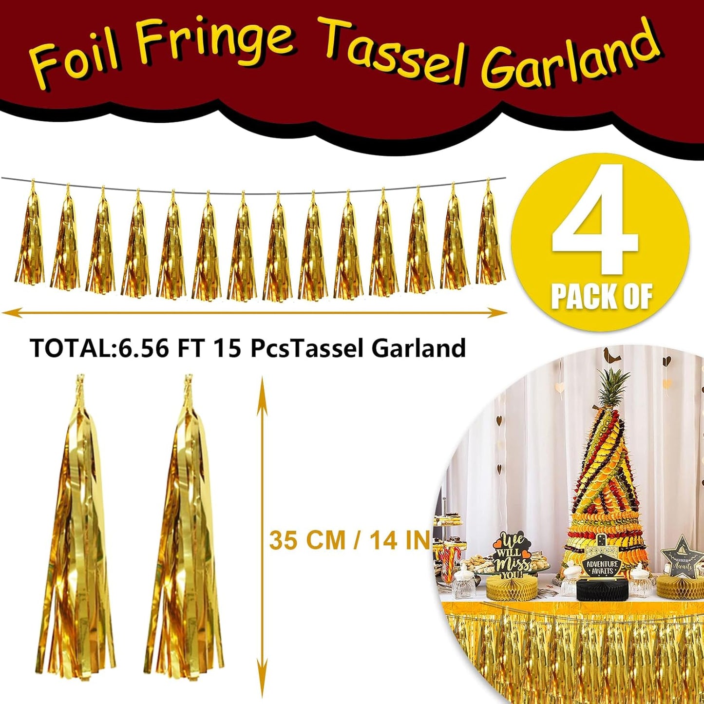 4P Gold Foil Fringe Tassel Banner Garland Metallic Tinsel Streamers Wall Hanging Curtain Backdrop Banner for Parade Floats, 2024 Graduation Decorations, Wedding Party Decoration