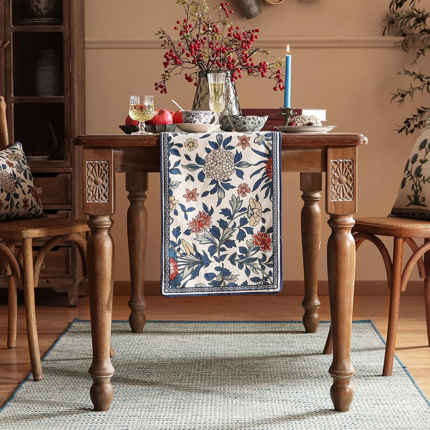 patdrea Designer Blue Cottage Rustic Floral Patterned Linen Table Runner 102 Inch Long,Wrinkle Resistant Table Mat,Decoration for Kitchen Dining and Coffee Tables Banquet Christmas ,12"x102"