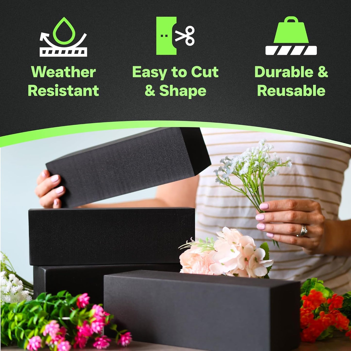 XCEL Floral Foam Blocks - Reusable, Weather Resistant Foam - Perfect for Fresh & Artificial Flower Arrangements, Crafts, Planter Boxes, Home Decor & More - 4-Pk, Black (9” x 3” x 3”)