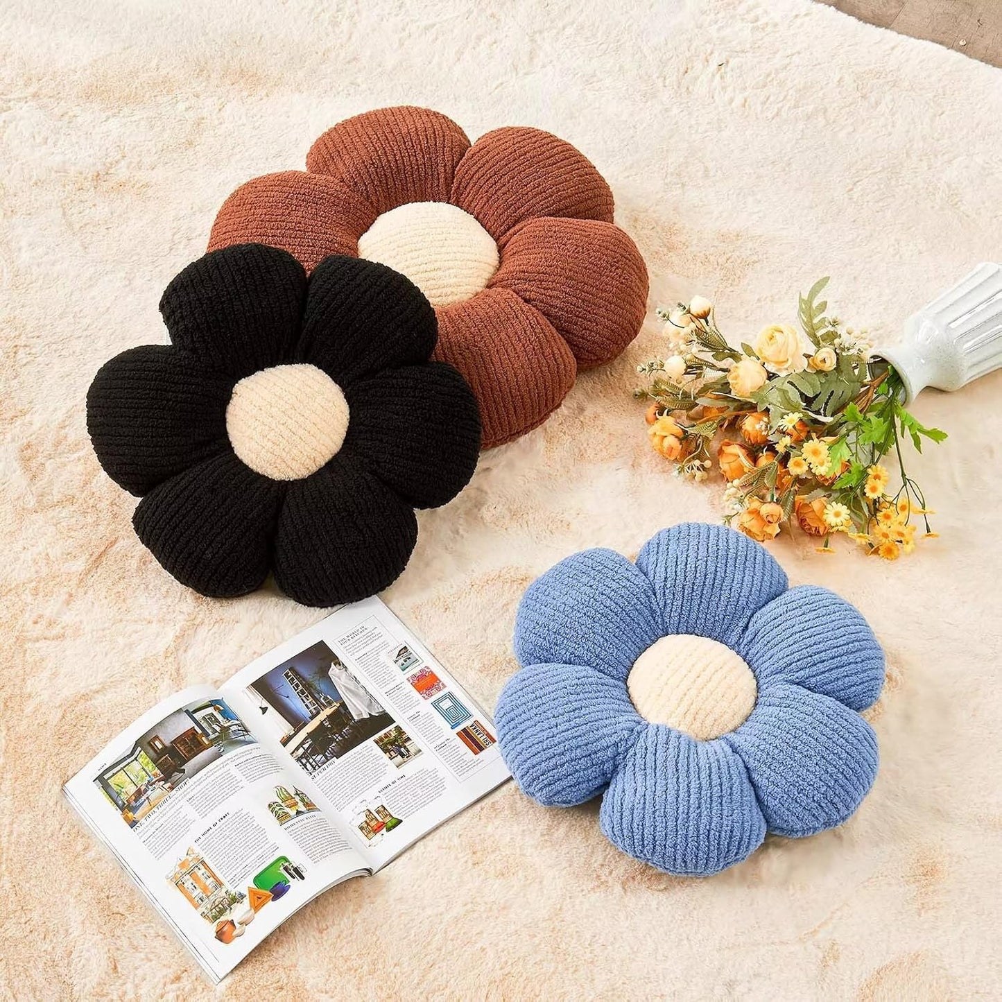 Flower Throw Pillow, Soft Black 14.9" Shaped Floor Pillow for Home Decor, Cute Aesthetic Plush Decorative Pillows for Bed, Sofa, Couch