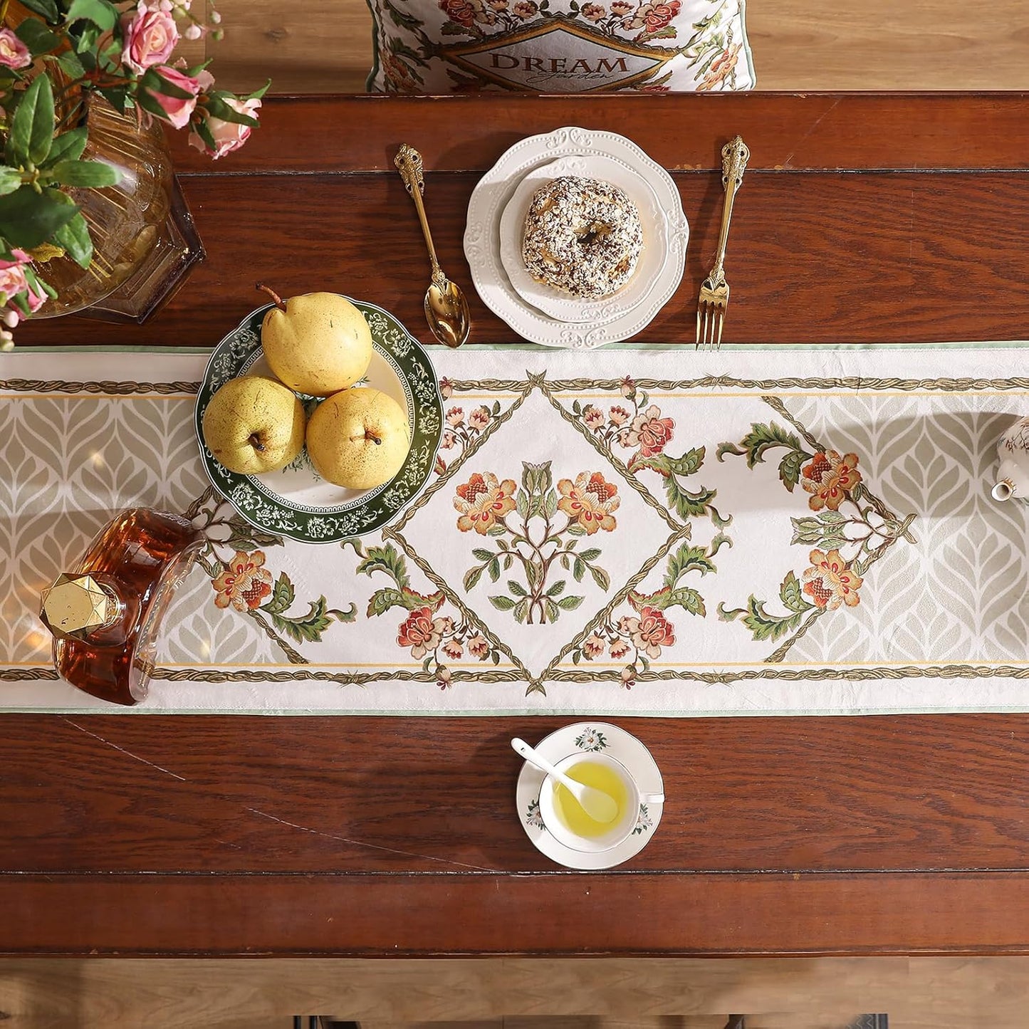 patdrea Designer French Floral Extra Long Velvet Table Runner 118 Inch Long,Green Orange Blossoms Pattern Table Mat, Decor for Kitchen Dining Coffee Table Cabinet Banquet Thanksgiving,16"*118"