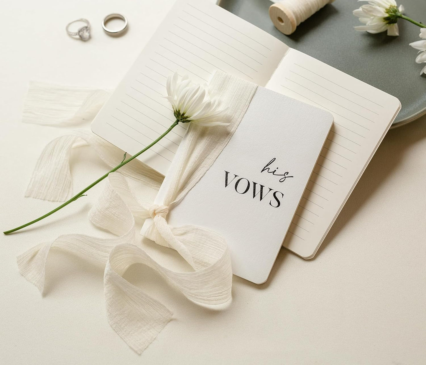 White Vow Books with Ribbons (Set of 2) - 5.625 x 4 Minimalist Pocket Sized Wedding Ceremony Vow Renewal Speech, Gift for Bride to Be & Newly Engaged Couple, 48 Lined Pages
