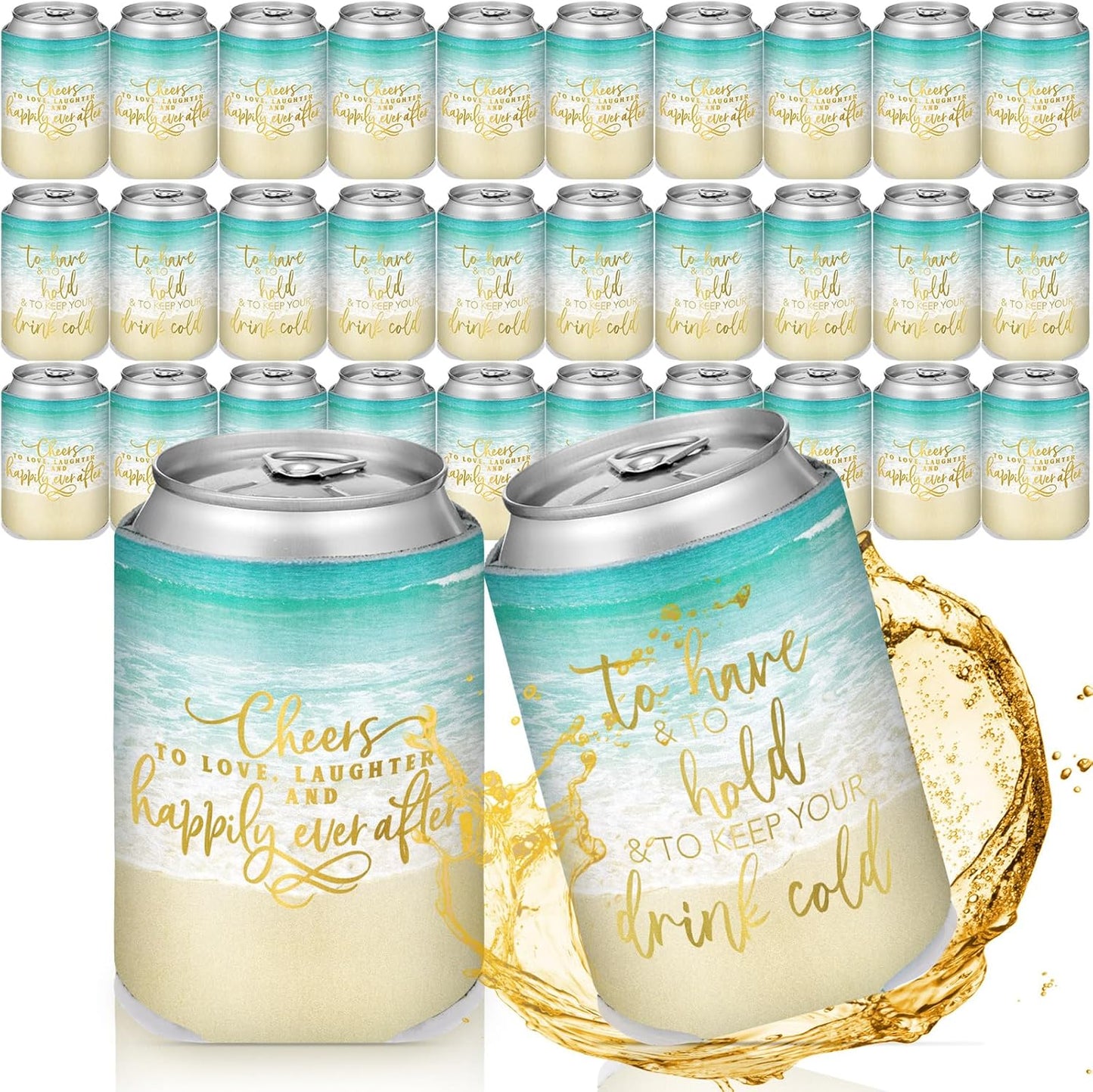 50 Pieces Beach Theme Wedding Can Cooler Bulk Engagement Party Favors for Guests Cheers to Love Laughter and Happily Ever After Rehearsal Dinner Decorations for Wedding Bridal Party