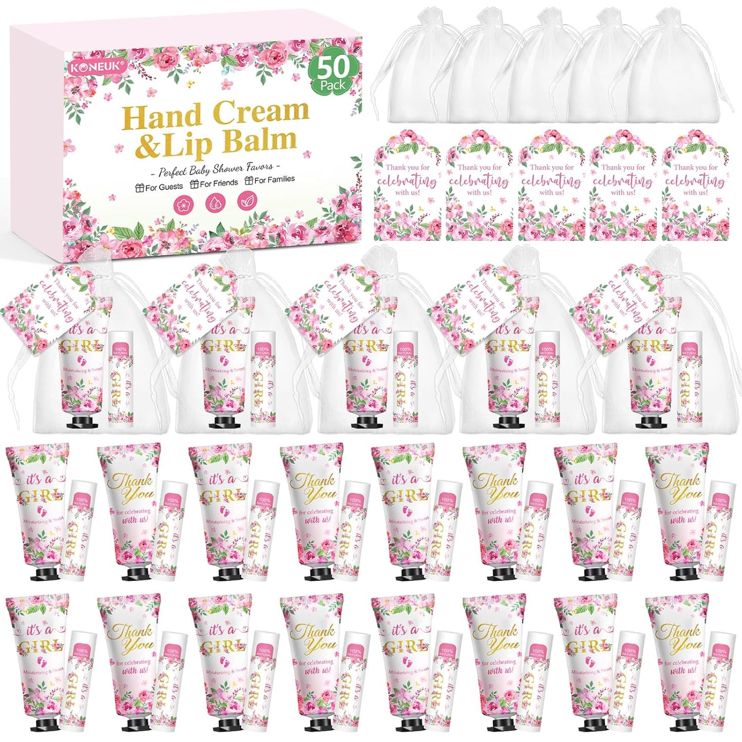 50 Pack Bulk Hand Cream and Lip Balm Gifts Sets, Baby Shower Favors and Bridal Shower Favors for Guests with Thank You Card and Organza Gift Bags, Appreciation Gifts, Wedding Party Favors (Baby Girls)
