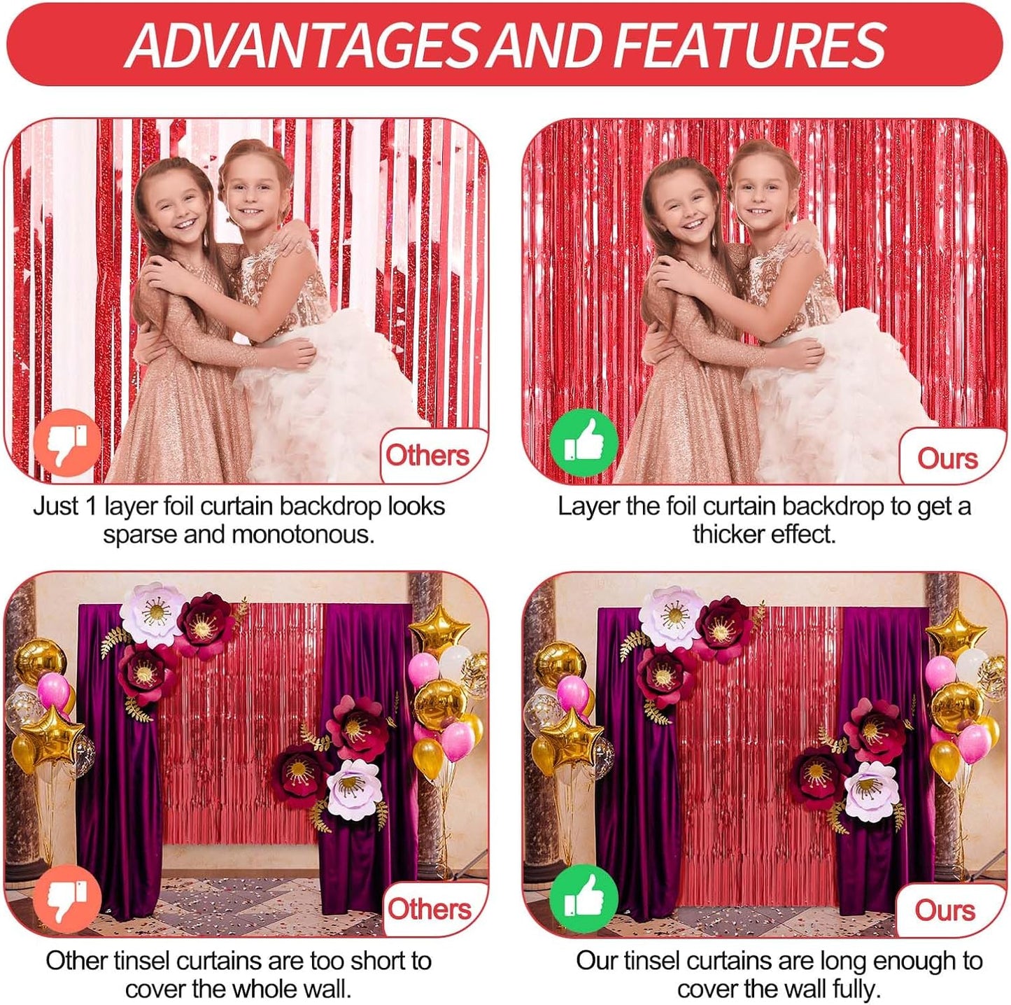 Crosize 7 Pack 3.3 x 9.9 ft Red Foil Fringe Curtains Party Decorations, Red Tinsel Curtain Backdrop for Parties, Door Streamers, Glitter Streamer Backdrop for Birthday Decoration, Preppy, Baby Shower