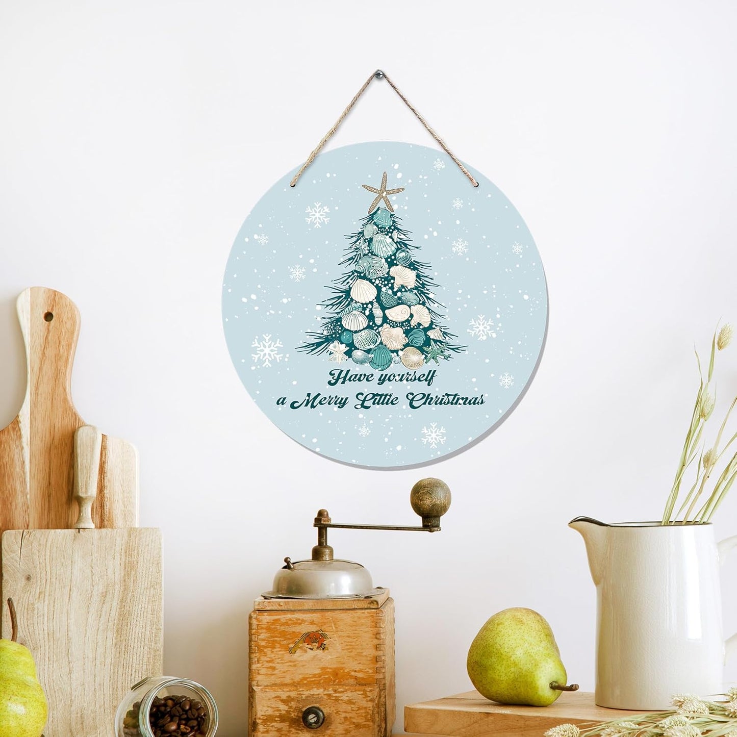 CGBHW Coastal Christmas Tree Wooden Sign, Ocean Coastal Holiday Christmas Xmas Beach Hanging Sign Wall Decor, Have yourself a Merry Little Christmas Tree Shell Beach Home Door Decor 12 x 6 Inch