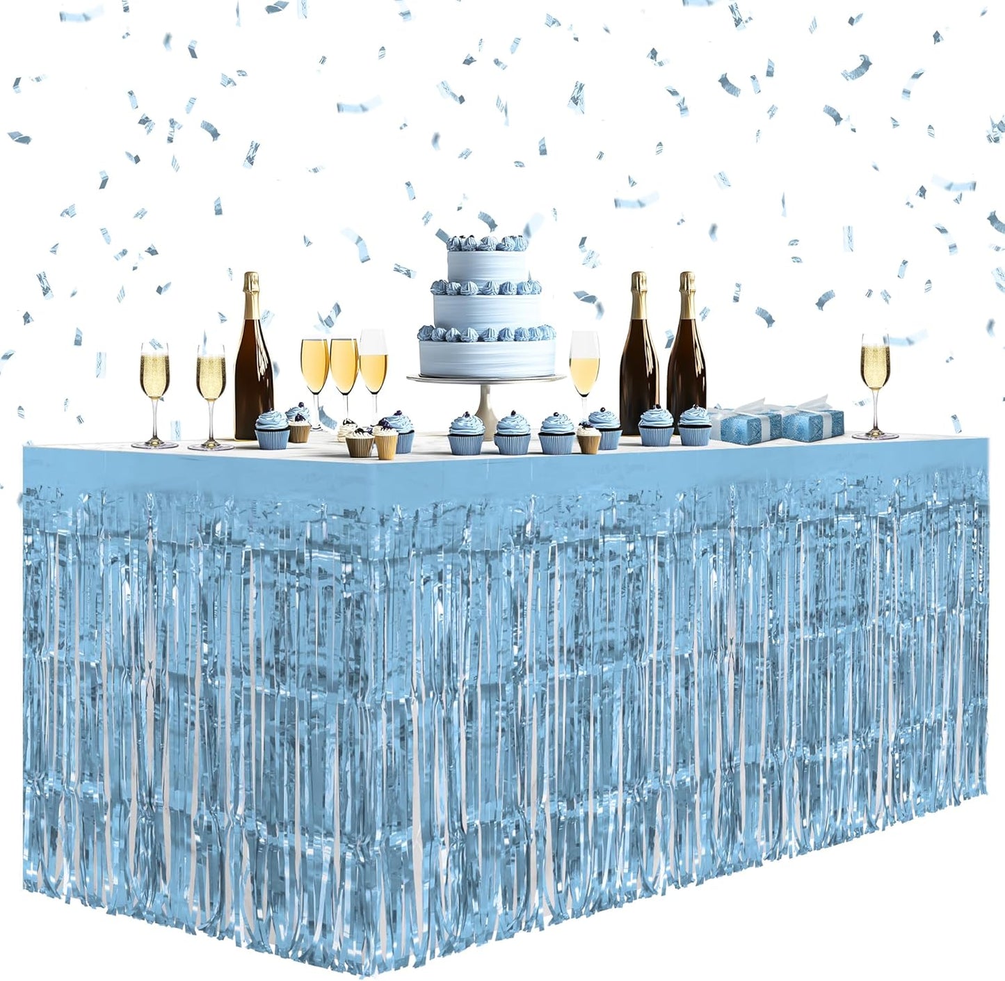 8 Pack Light Blue Table Skirts, 29x108" Metallic Foil Tinsel Fringe Table Skirts for Rectangle Tables Streamer Curtains Backdrop, Party Decorations for Birthdays Weddings Holidays