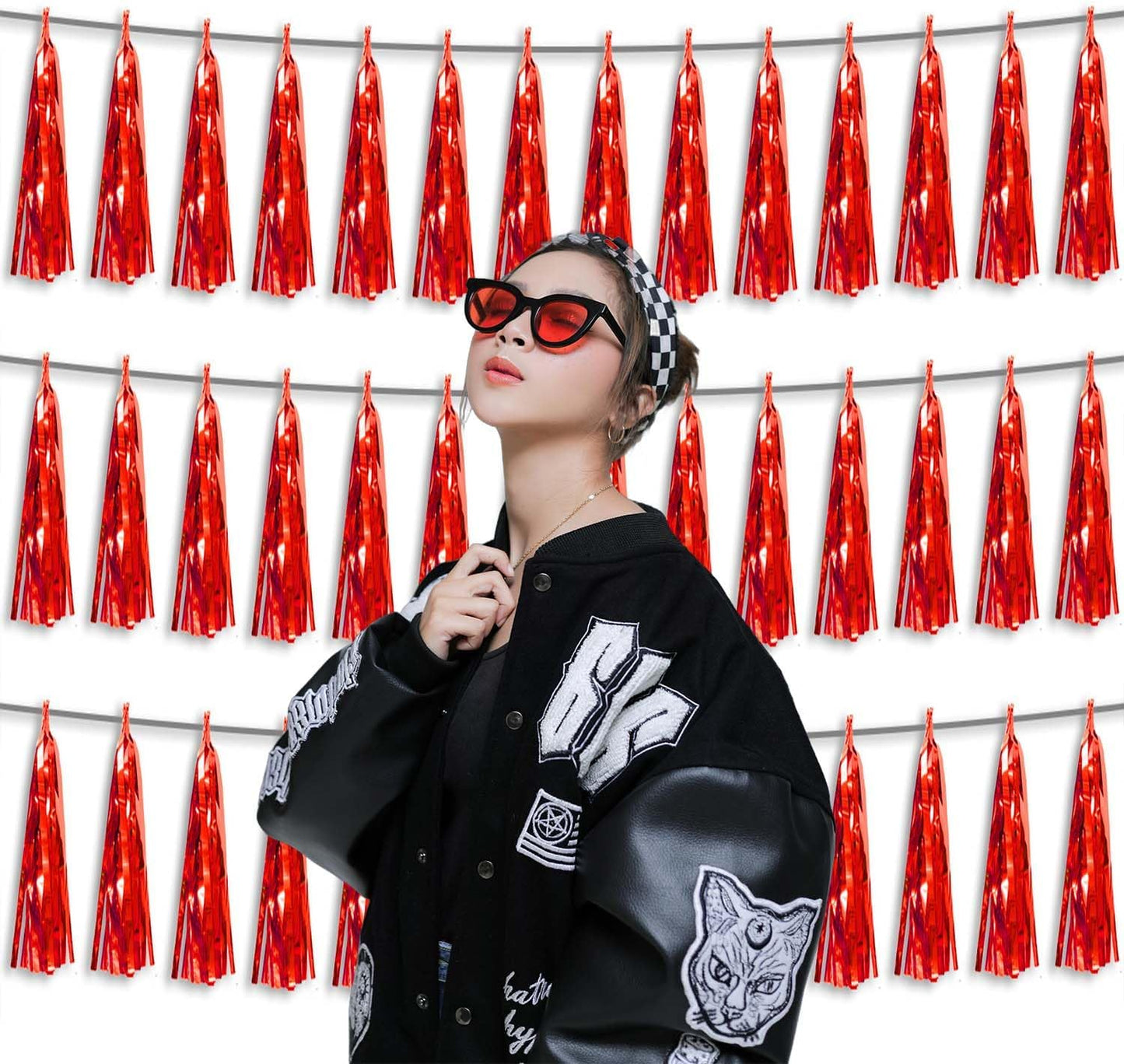 3P Metallic Fringe Tassel Banner Garland Foil Tinsel Streamer Wall Hanging Curtain Backdrop Banner for Parade Floats,Graduation Decorations, Wedding Party Decoration(Red)