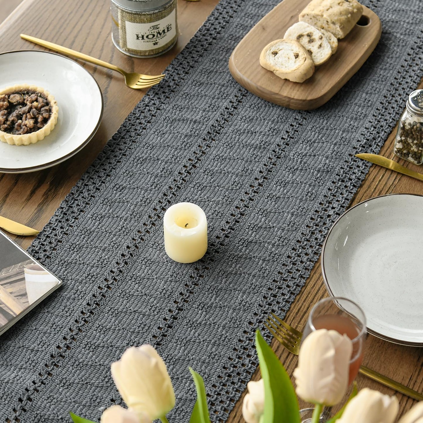 Artoid Mode Dark Grey Farmhouse Woven Rustic Hollow Table Runner, Seasonal Holiday Hollow Kitchen Dining Table Decoration for Home Party Decor 12x48 Inch
