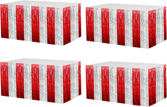 4 Pack 29x108 Inch Metallic Foil Fringe Tinsel Table Skirts for Rectangle Tables Streamer Backdrop for Wedding, Birthday, Parade Floats, Christmas, Halloween Party Decoration(Red Silver)