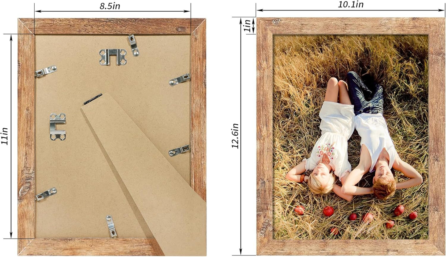 8.5x11 Picture Frame Set of 4, High Definition Real Glass Rustic Brown Frame, Wood Photo Frames 8.5 by 11 Diploma Document for Wall Hanging and Tabletop Display