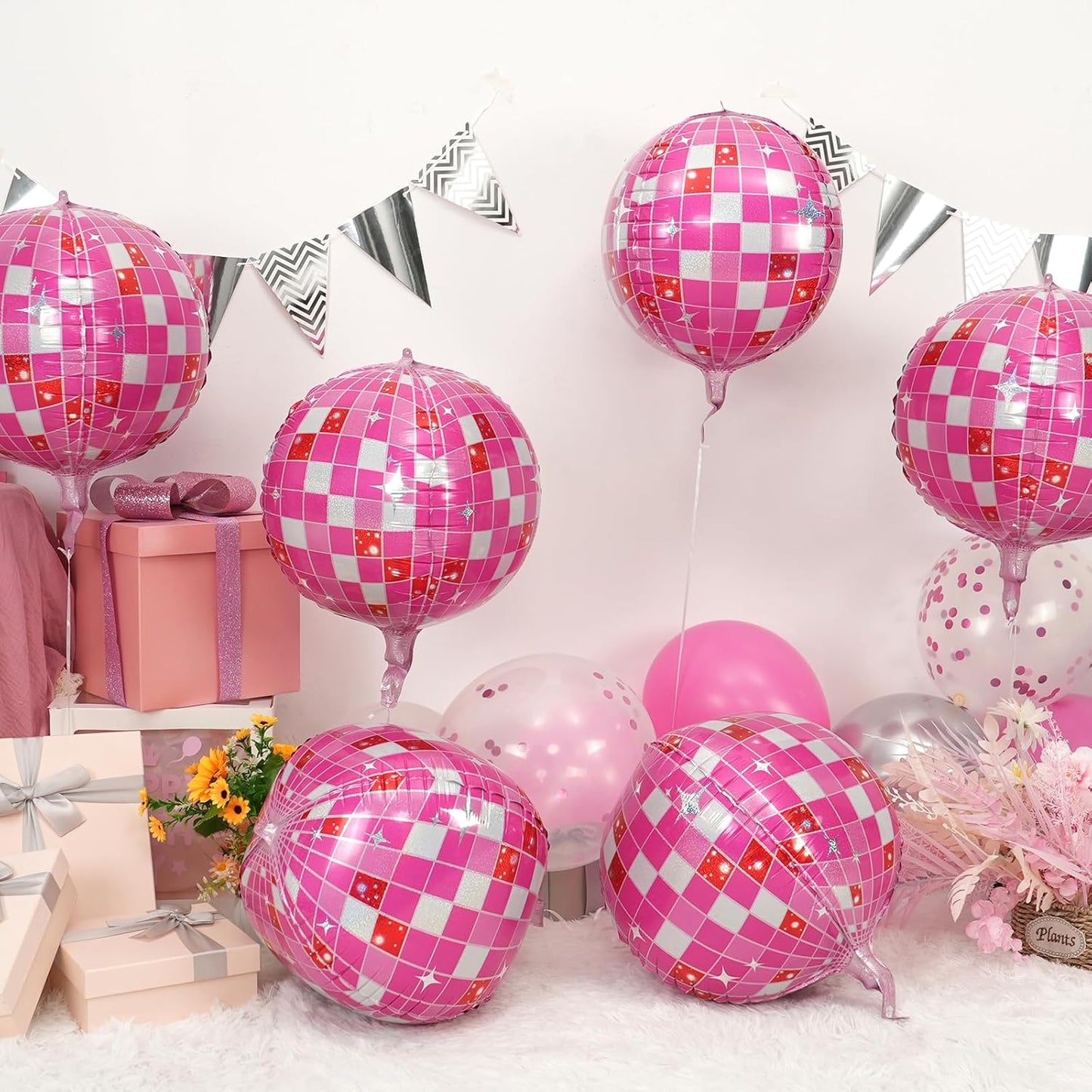 Disco Ball Balloons Pink 4PC,Foil Disco Balloons 22 Inch 4D Round Pink Balloon for 70s 80s Birthday Bachelorette Graduation Decorations