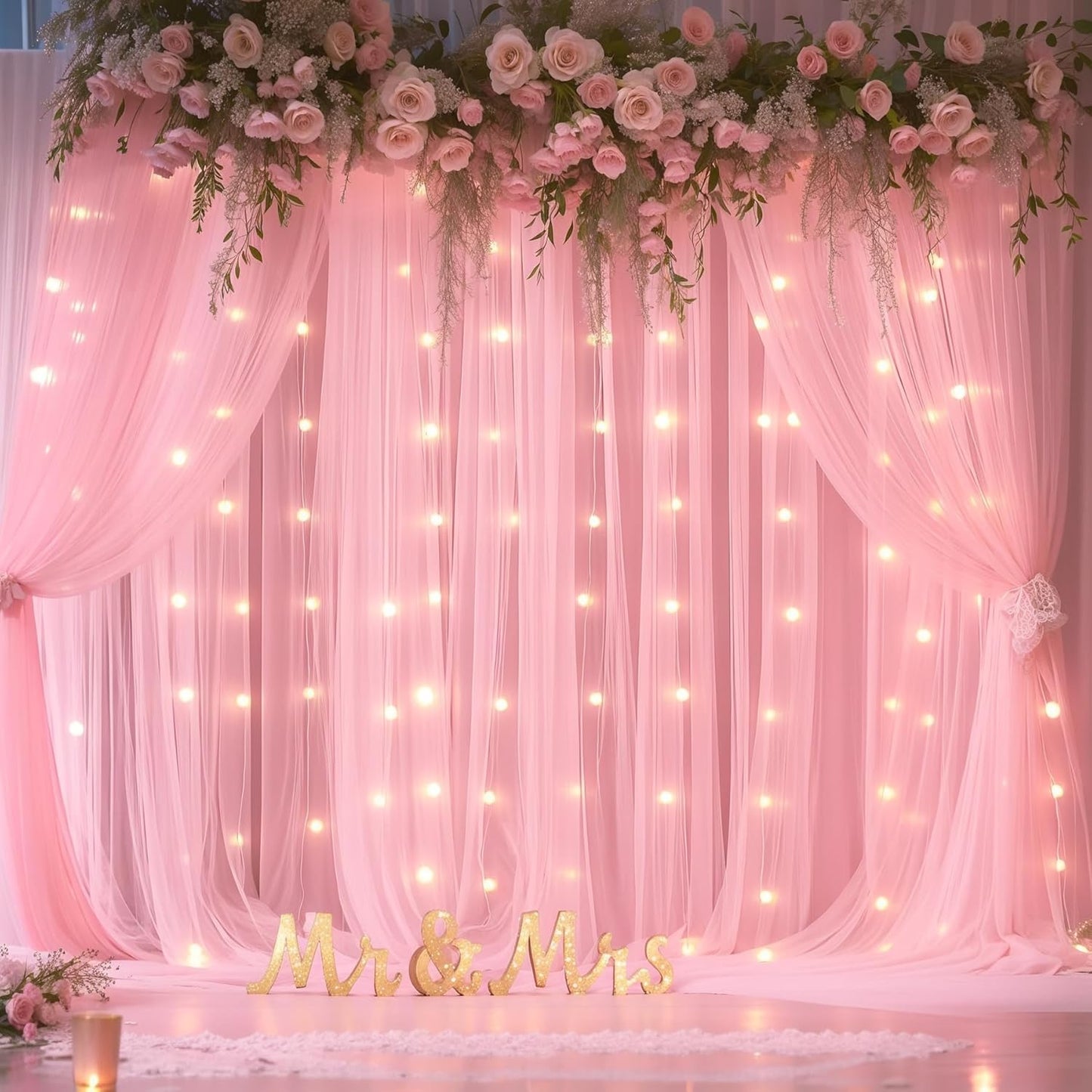 Sheer Backdrop Curtains with Lights String for Weddings Baby Showers, 20x10ft Sheer Tulle Photo Backdrop Curtains for Birthday Party Photography Background Decoration, Pink