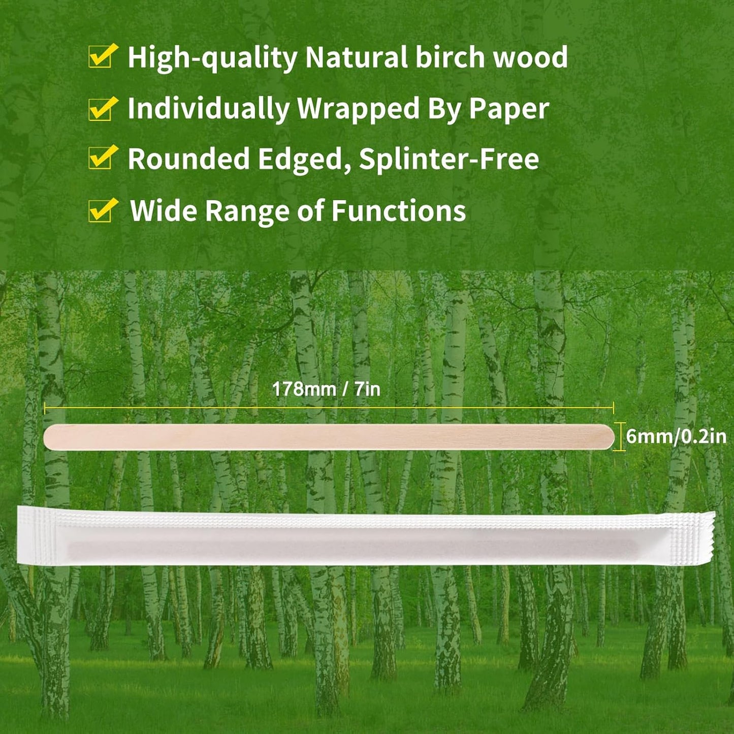 500pcs Individually Wrapped Coffee Stirrers Wood - 7" Coffee Stir Sticks, Round End Disposable coffee stirrer, For Coffee, Cocktail and Hot Drinks