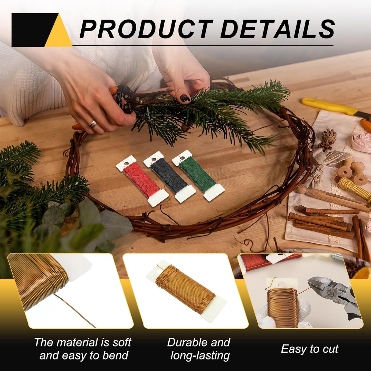 MECCANIXITY 114 Yards/345 Feet Metal Floral Wire 21 Gauge Gold Tone Flexible Paddle Thin Floral Wires for Craft, Christmas Wreath, Flower Arrangement, Wedding, Total 3 Roll