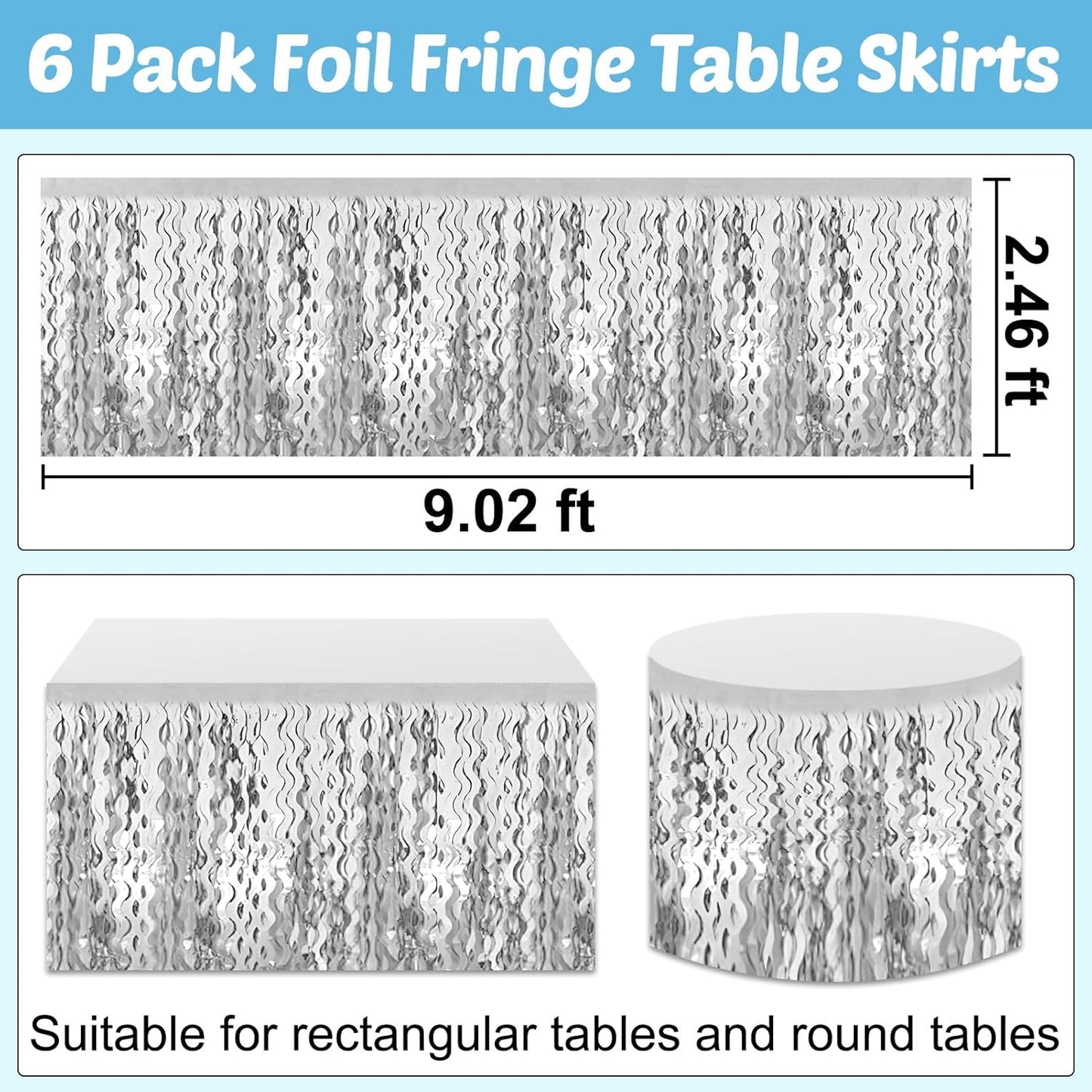 6 Pack 29x108 Inch Silver Wave Foil Fringe Table Skirts Metallic Banner for Tinsel Streamer Garland Backdrop for Parade Floats Wedding, Mother's Day, Birthday Mardi Gras Party Decorations
