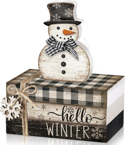 4 Pcs Snowman Christmas Decor Winter Table Decorations Christmas Tiered Tray Decor Winter Centerpiece Indoor Rustic Wooden Snowman Block Sign Gift Farmhouse for Home Kitchen Shelf