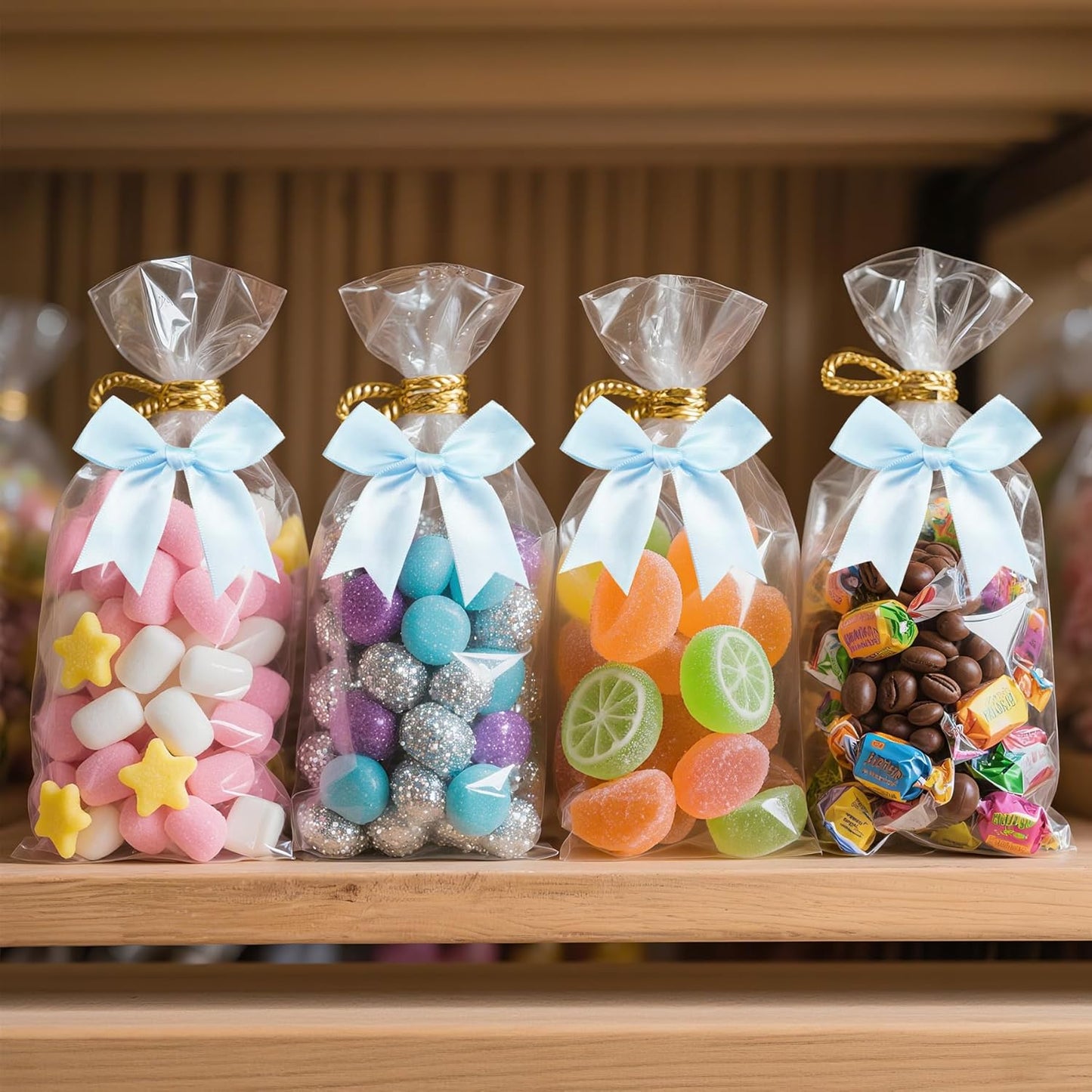 50 PCS Twist Tie Bows Satin Ribbon Bows 3.3 Inch Gift Wrap Bows Craft Bows for Gift Wrapping, Party Decorations Gifts Bag DIY Treat Bags Wedding Decor Baby Shower Christmas (Light Blue)