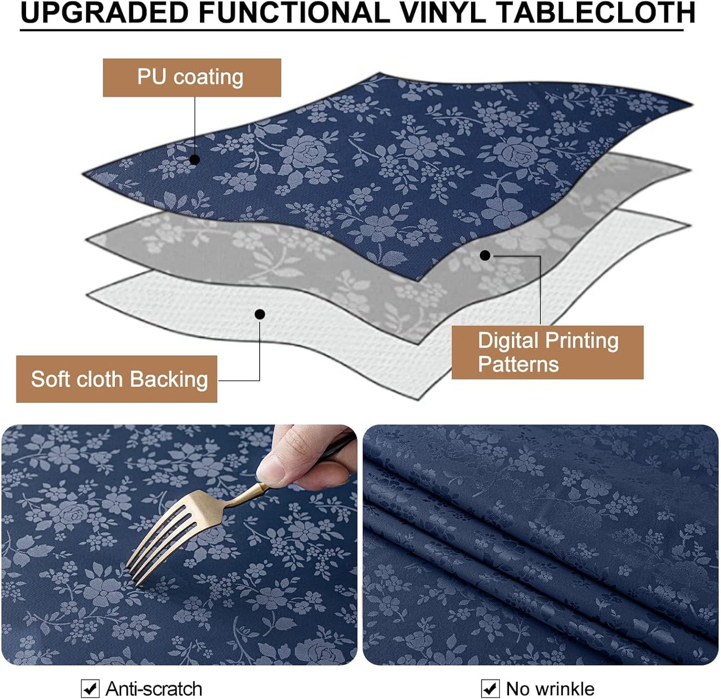 Smiry Rectangle Table Cloth, Waterproof Heavy Duty Vinyl Tablecloths, Wipeable Washable Table Cover for Kitchen and Dining Room (Navy Blue, 54" X 120")