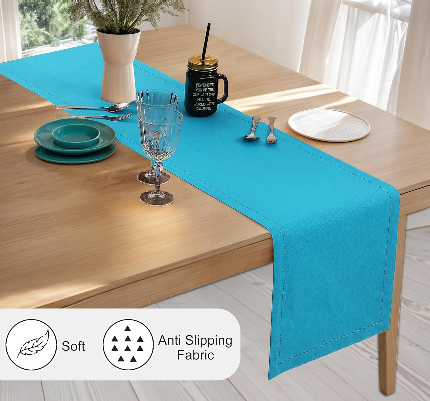 Ruvanti Linen Table Runner 72 Inches, Classic Hemstitch, Washable, Reusable, Non-Slipping, Stain Resistant- Perfect for Parties, Weddings, Dinners, Thanksgiving, Christmas, Indoor use – Blue