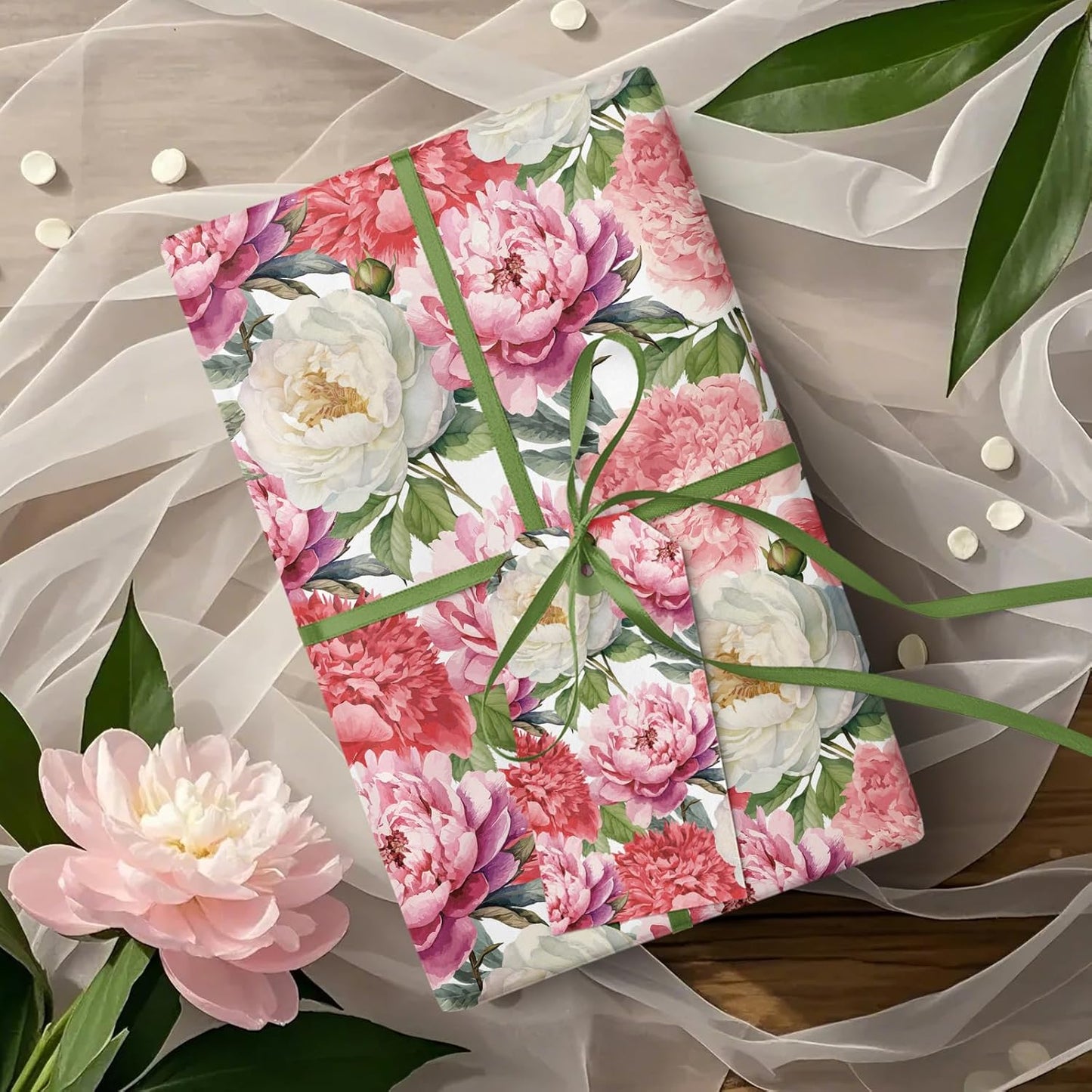 WRAPAHOLIC Floral Wrapping Paper Roll - Mini Roll - 17 Inch x 33 Feet - Red Pink Flower Wrapping Paper Perfect for Girls Women Birthday, Wedding, Bridal Shower