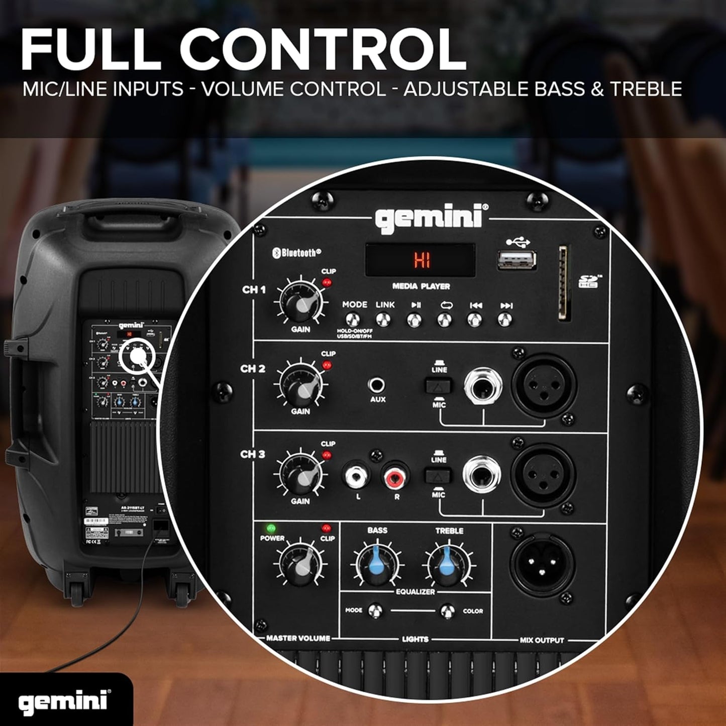 Gemini Sound AS-2115BT-LT Active 2000W Watt Party LED Light 15 Inch Woofer Powered Stage DJ Monitor Bluetooth PA Speaker, Wireless Stereo Pairing, Portable Fly Points