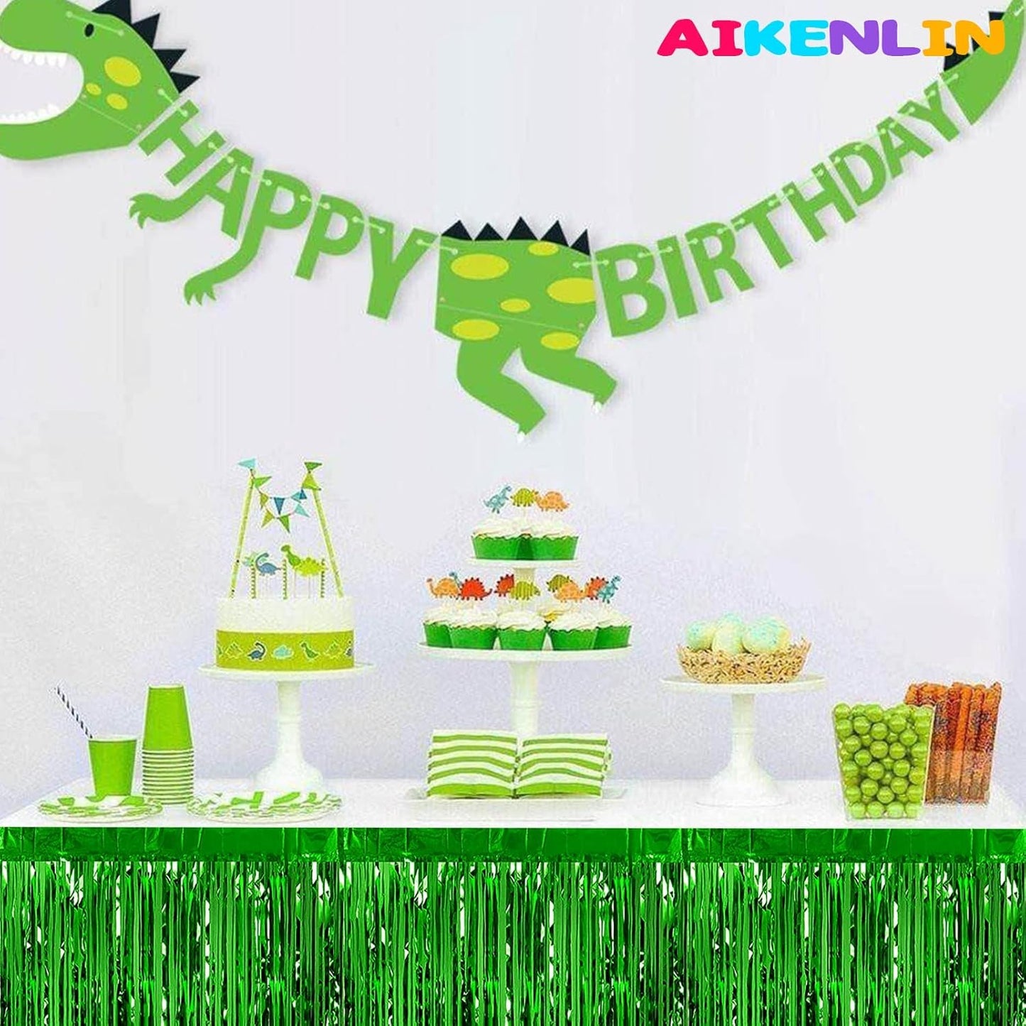 6 Pack 29x108 Inch Metallic Foil Fringe Tinsel Table Skirts Banner for Rectangle Tables Streamer Backdrop for Wedding, Birthday, Parade Floats, St Patrick Day Party Decoration(New Green)