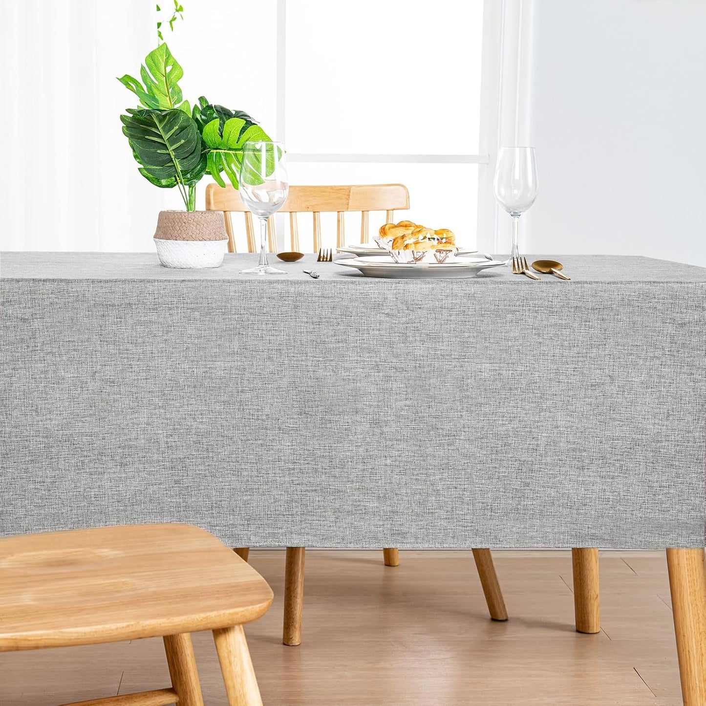 Hiasan 2 Pack Faux Linen Rectangle Tablecloth - Wrinkle and Stain Resistant Washable Table Cloth for Kitchen Dining Room Holiday Table Cover for Party Dinner, Light Grey, 60 x 102 Inch