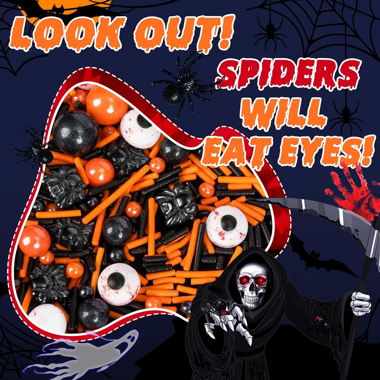 Halloween Terrifying Sprinkles,Candy Bloody Eyeballs,Orange Pearls Black Spider Sprinkle Edible Jimmies Mix,Perfect for Cake Decorations, Baking, Ice Cream, Cookies, Cupcake Topper,Halloween Supplies Children's Party,130g/4.58ounce