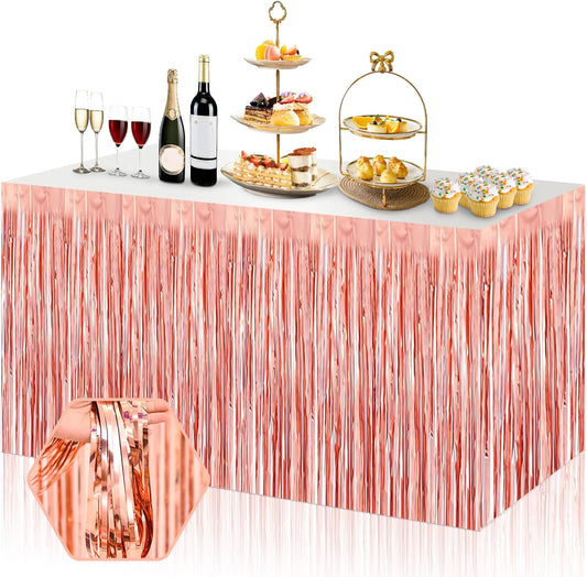 3 Pack 29x108 Inch Rose Gold Foil Fringe Table Skirts Metallic Banner for Tinsel Streamer Garland Backdrop for Parade Floats Wedding Thanksgiving Birthday Christmas Halloween Party Decoration