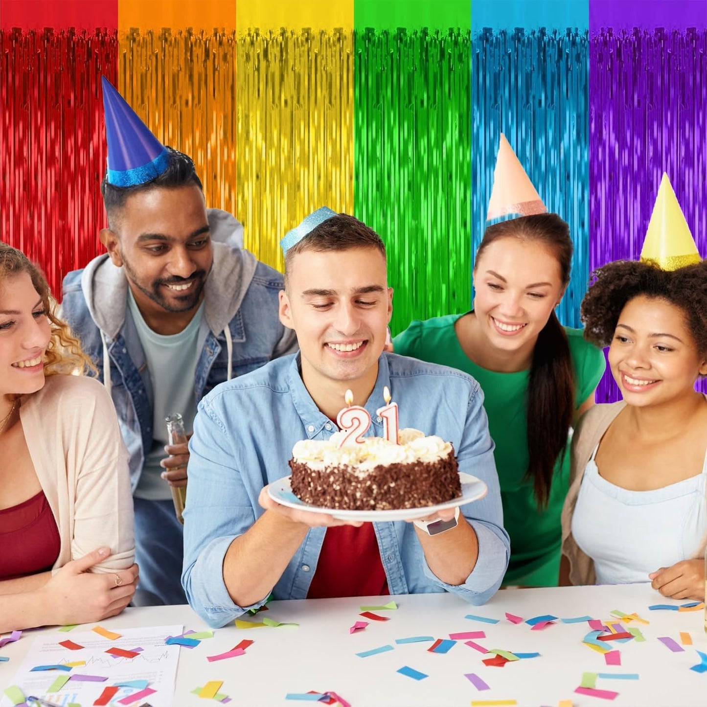 2 Pack Rainbow Backdrop Curtains,3.28 Ft x 6.56 Ft Rainbow Party Decorations,Metallic Tinsel Backdrop Fringe Curtains Party Streamer for Wedding Birthday Party