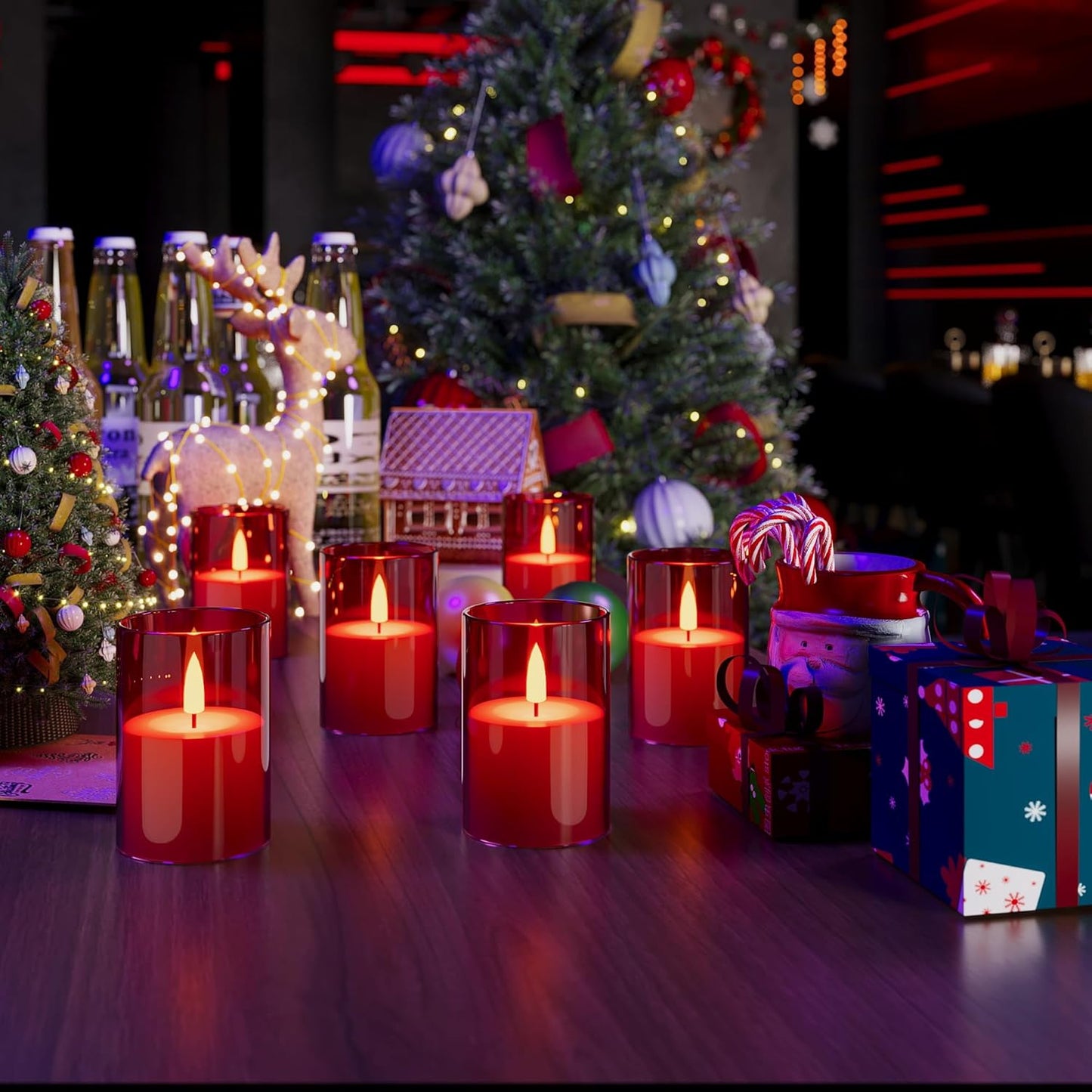 6Pack Flickering Flameless LED Candles with Timer, Battery Powered - Small Pillar & Votive, Red (2"X3")
