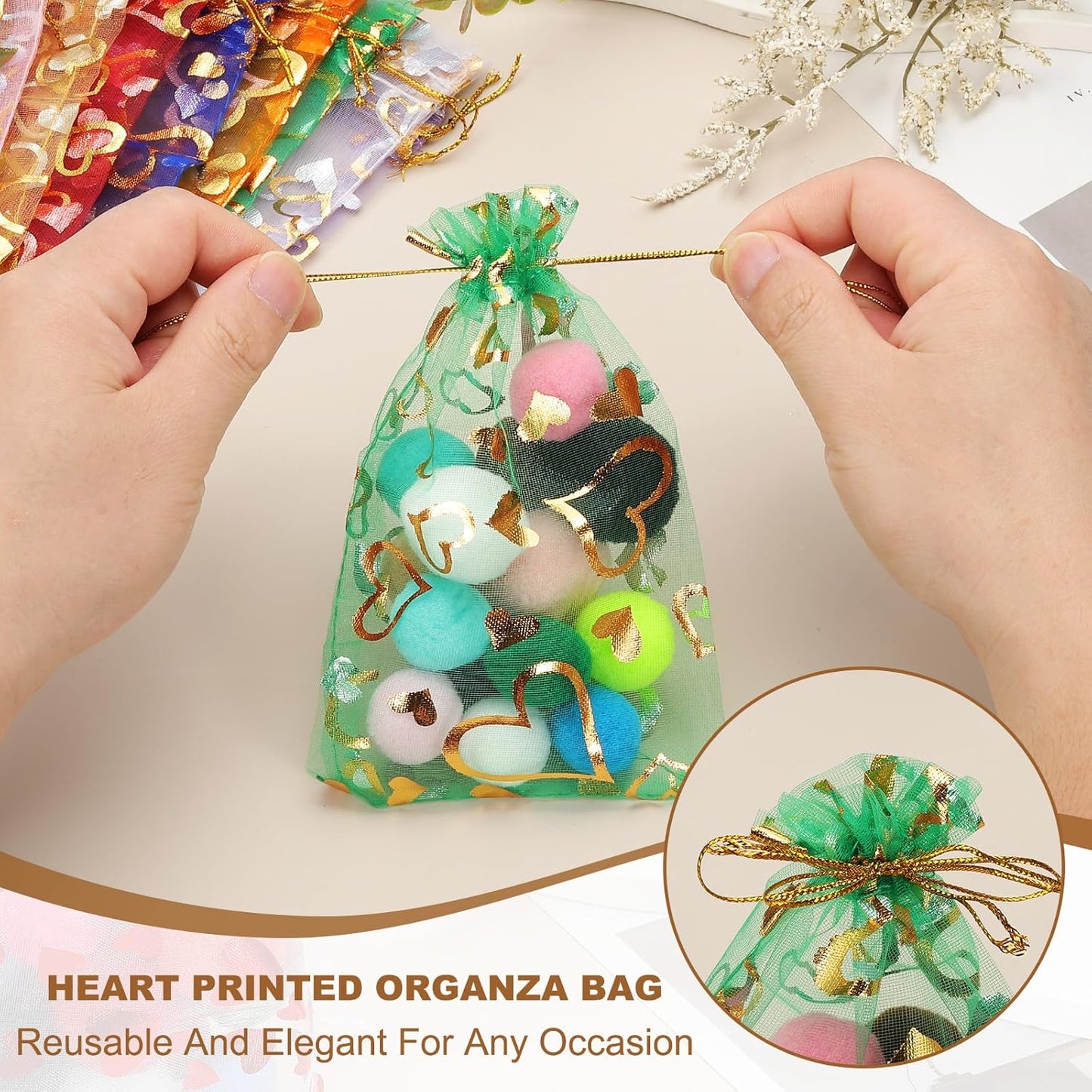 PATIKIL 100 Pcs 4x6 Inch Heart Printed Organza Bags, Lake Blue Sheer Heart Organza Bags with Drawstring for Christmas Candy Jewelry Party Wedding Favor Gift