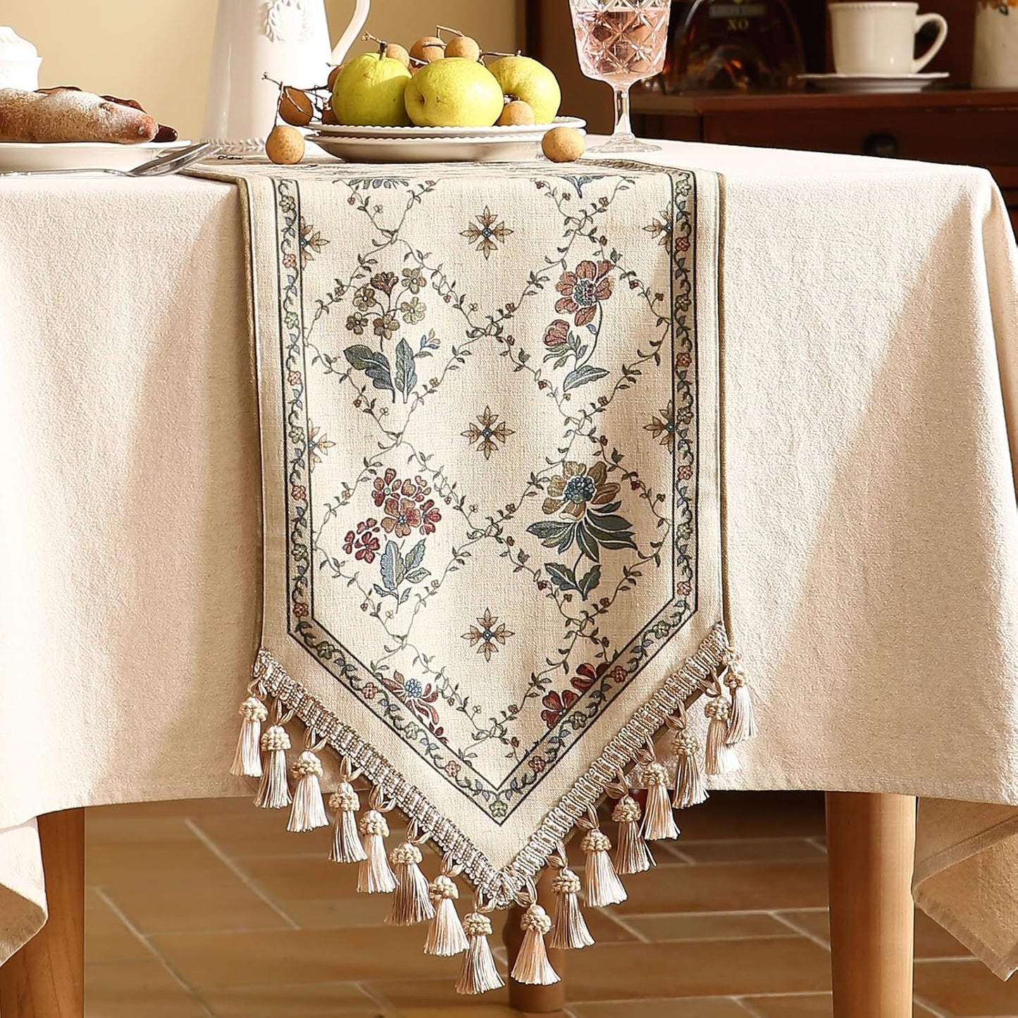 patdrea Designer Vintage Floral Linen Table Runner 71 Inch Long, Beige Cottage Rustic Bouquets Pattern Table Mat,Decor for Kitchen Dining Coffee Table Shelf Cabinet Banquet Christmas ,12"*71"