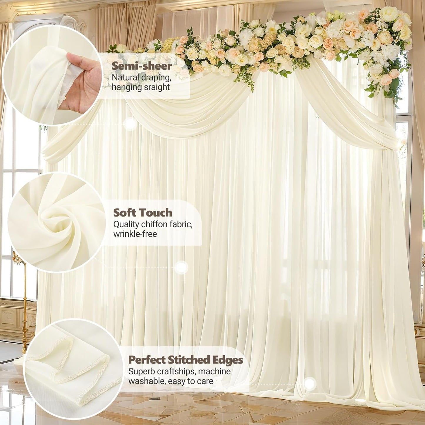 10ft x 10ft Ivory Backdrop Curtain Drapes, Wrinkle-Free Sheer Chiffon Fabric Photo Background Panels for Wedding Arch Party Ceremony Stage Photography Decorations