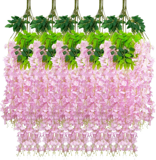 24 Pack Pink Wisteria Hanging Flowers Garland, 3.77 Feet Artificial Flower Vines, Fake Wisteria, Artificial Vines Hanging Garland for Backdrop Outdoor Yard Garden Decor